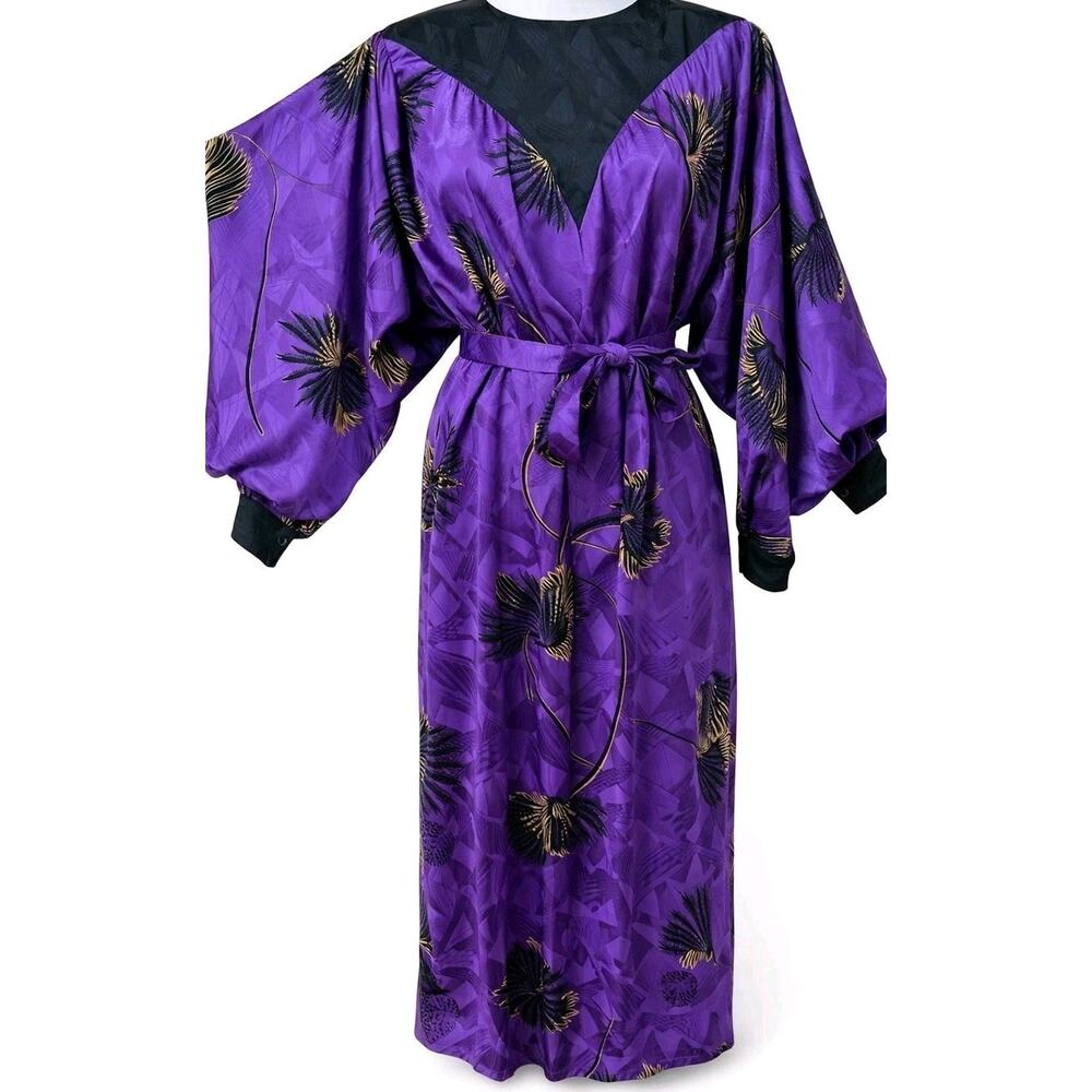 Vtg Silk Caftan Dress Purple Nora Noh Batwing Belted 80s 90s Dolman Resort